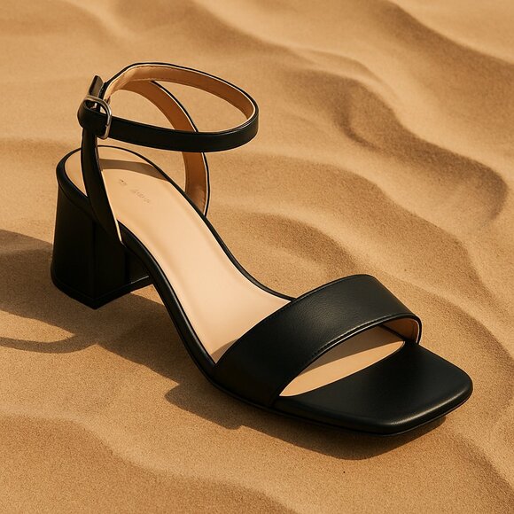 Black Block Heel Ankle Strap Sandals | Minimalist Square Toe Dress Shoes | Size - Picture 1 of 5